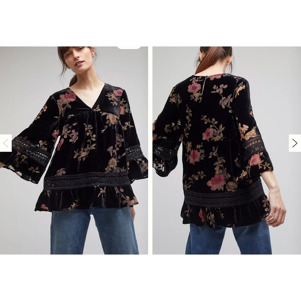 Maeve Blouse Womens XS Black Velvet Floral Lace Ruffle Whimsygoth Babydoll - Picture 1 of 6